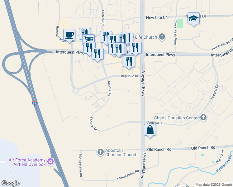 map of restaurants, bars, coffee shops, grocery stores, and more near 9910 Federal Drive in Colorado Springs