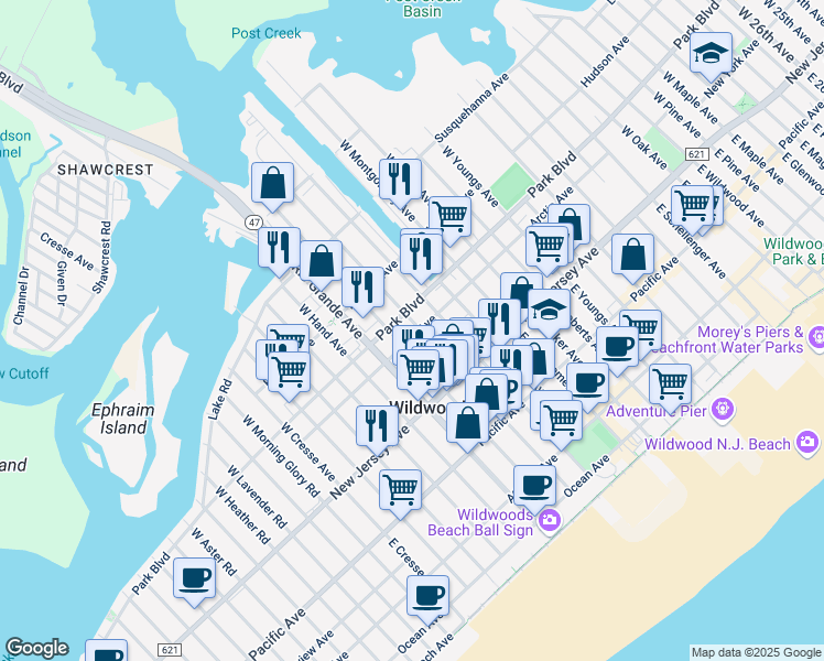map of restaurants, bars, coffee shops, grocery stores, and more near 4702 Arctic Avenue in Wildwood