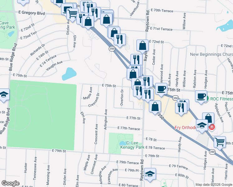 map of restaurants, bars, coffee shops, grocery stores, and more near 7509 Evanston Avenue in Raytown