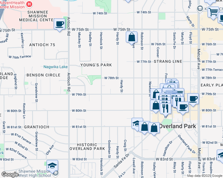 map of restaurants, bars, coffee shops, grocery stores, and more near 8106 West 79th Street in Overland Park
