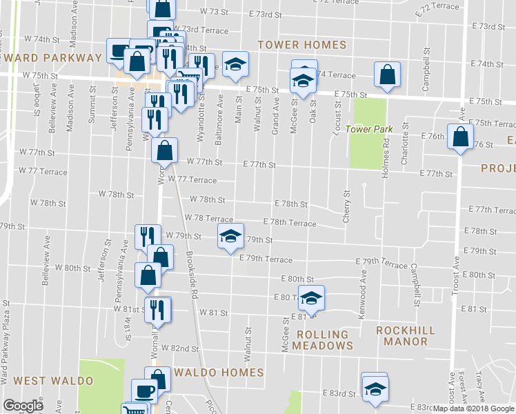map of restaurants, bars, coffee shops, grocery stores, and more near 105 East 78th Street in Kansas City