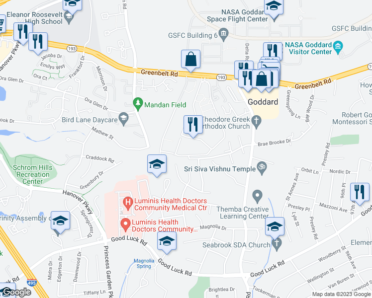 map of restaurants, bars, coffee shops, grocery stores, and more near 8685 Greenbelt Road in Greenbelt
