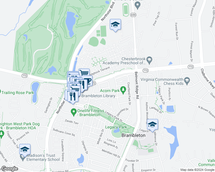 map of restaurants, bars, coffee shops, grocery stores, and more near 42538 Magellan Square in Ashburn
