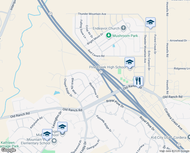 map of restaurants, bars, coffee shops, grocery stores, and more near 10833 Creede Creek Point in Colorado Springs