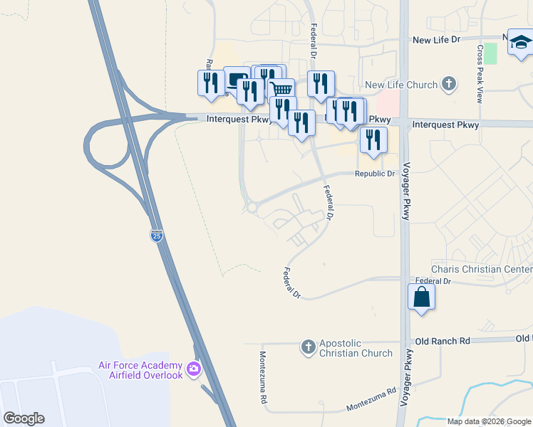 map of restaurants, bars, coffee shops, grocery stores, and more near 10691 Hiker Peak View in Colorado Springs