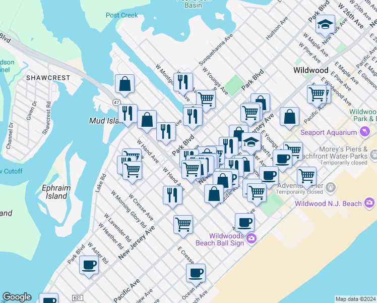 map of restaurants, bars, coffee shops, grocery stores, and more near 4702 Arctic Avenue in Wildwood