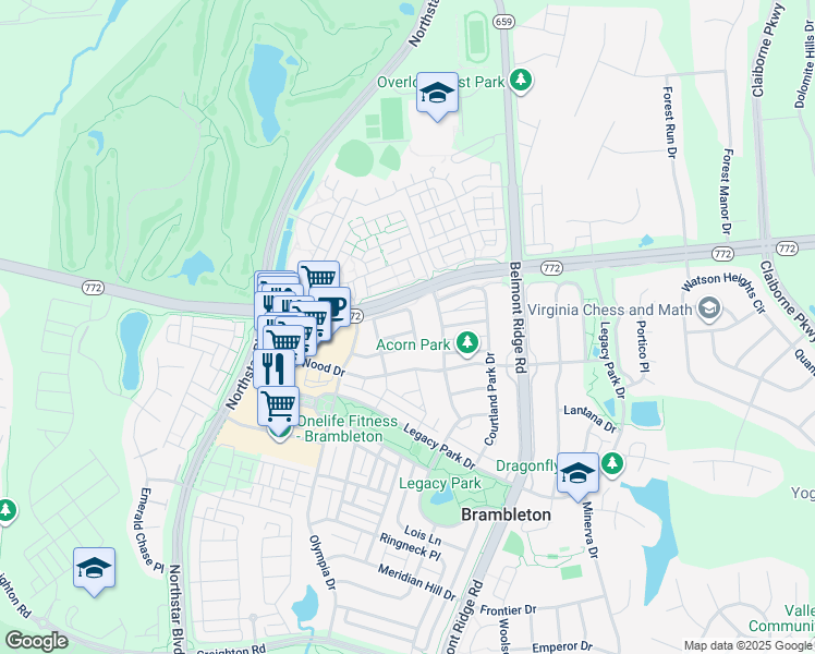 map of restaurants, bars, coffee shops, grocery stores, and more near 42538 Magellan Square in Ashburn