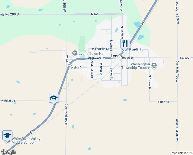 map of restaurants, bars, coffee shops, grocery stores, and more near 270 South Walnut Street in Lyons