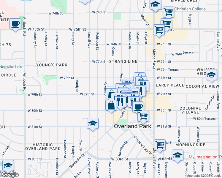 map of restaurants, bars, coffee shops, grocery stores, and more near 7830 Conser in Overland Park