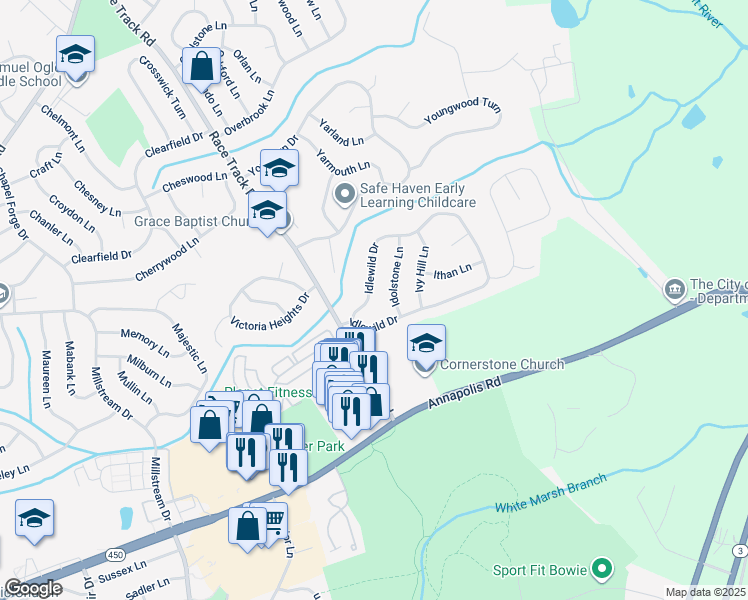 map of restaurants, bars, coffee shops, grocery stores, and more near 13432 Idlewild Drive in Bowie