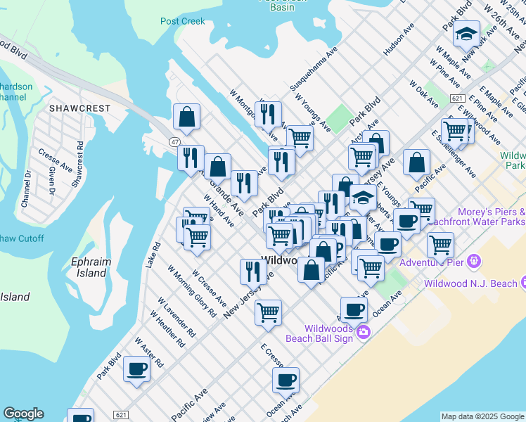 map of restaurants, bars, coffee shops, grocery stores, and more near 4711 Park Boulevard in Wildwood