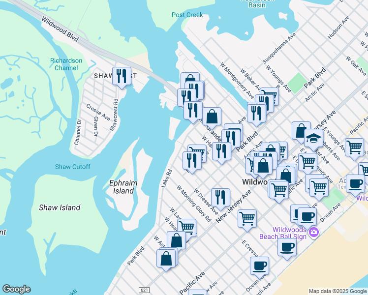 map of restaurants, bars, coffee shops, grocery stores, and more near 5206 Lake Road in Wildwood