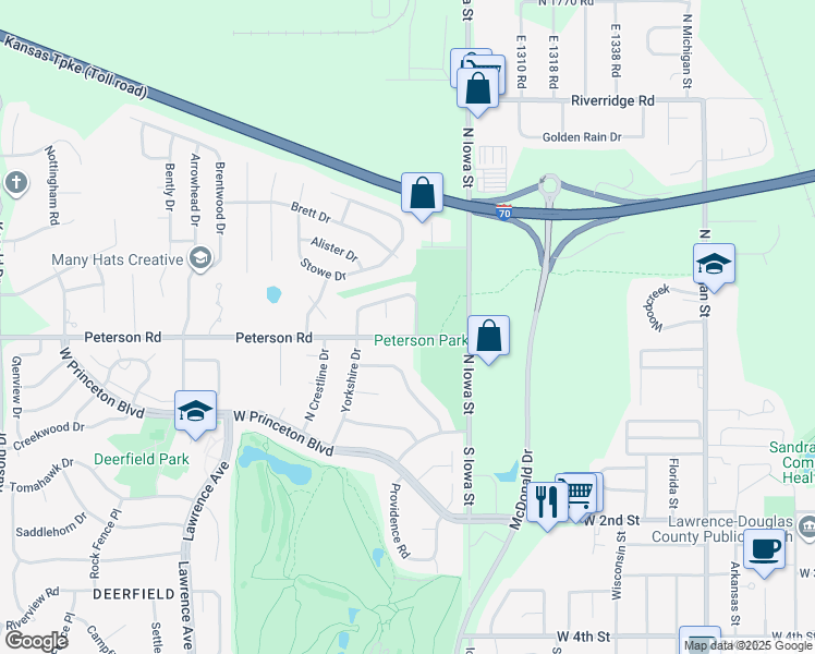map of restaurants, bars, coffee shops, grocery stores, and more near 506 Lancaster Court in Lawrence