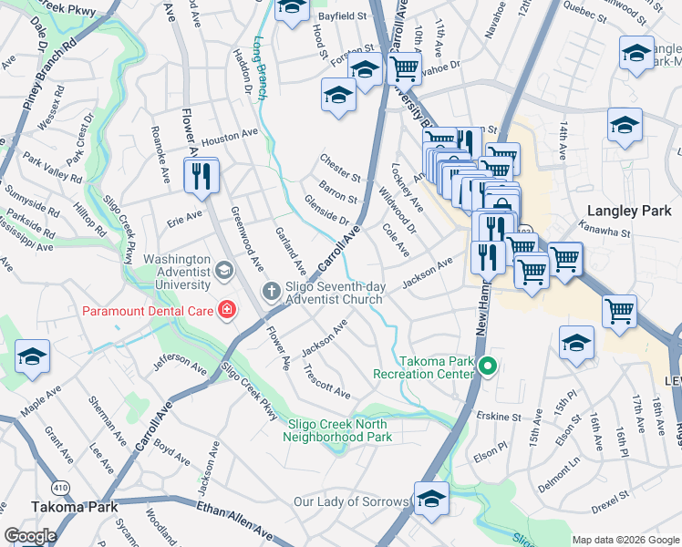 map of restaurants, bars, coffee shops, grocery stores, and more near 7813 Carroll Ave in Takoma Park