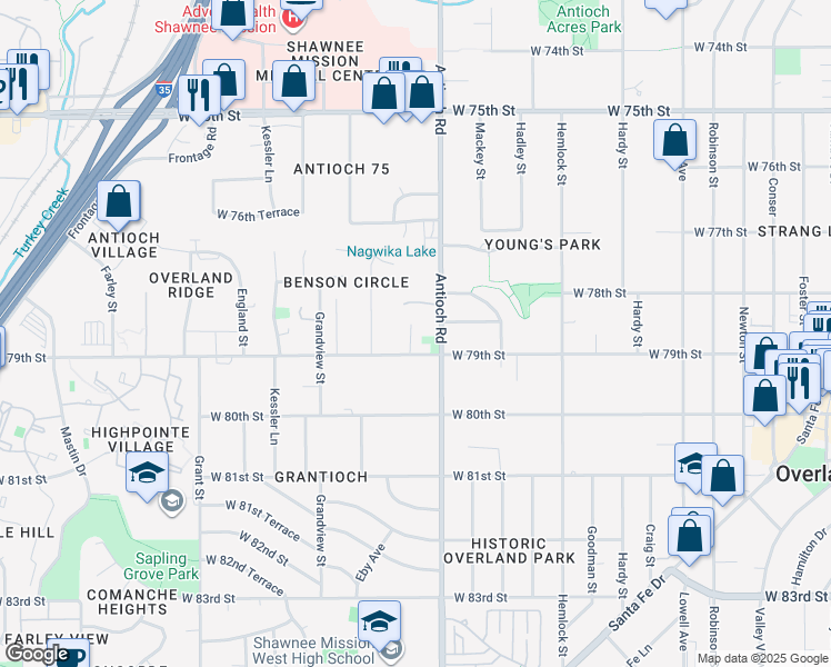 map of restaurants, bars, coffee shops, grocery stores, and more near 8756 West 79th Circle in Overland Park