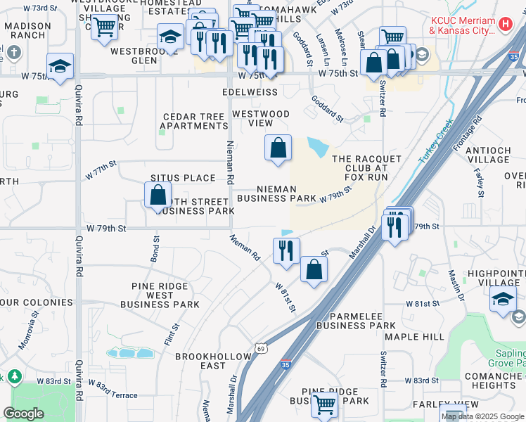 map of restaurants, bars, coffee shops, grocery stores, and more near 7801 Nieman Road in Shawnee