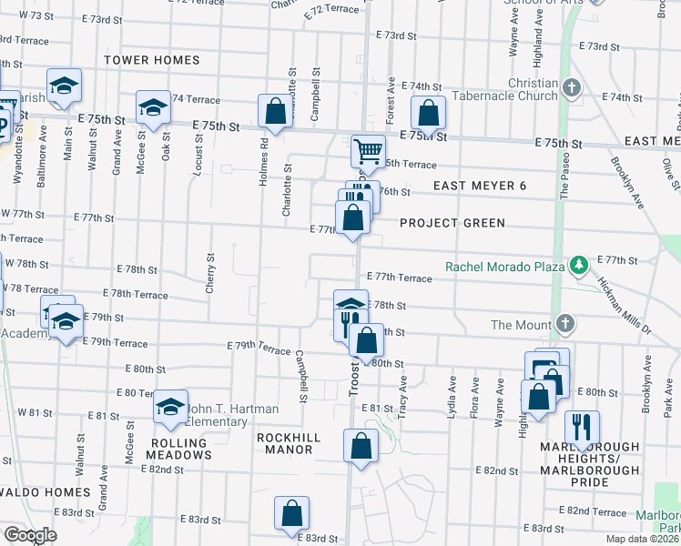map of restaurants, bars, coffee shops, grocery stores, and more near 928 East 78th Street in Kansas City
