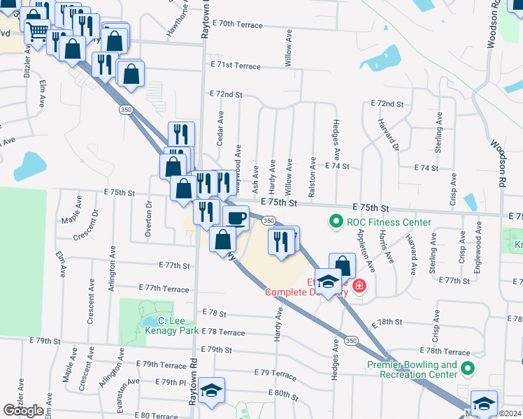 map of restaurants, bars, coffee shops, grocery stores, and more near 10208 East State Route 350 in Raytown