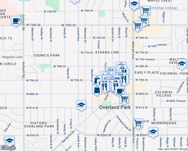 map of restaurants, bars, coffee shops, grocery stores, and more near 7830 Conser in Overland Park