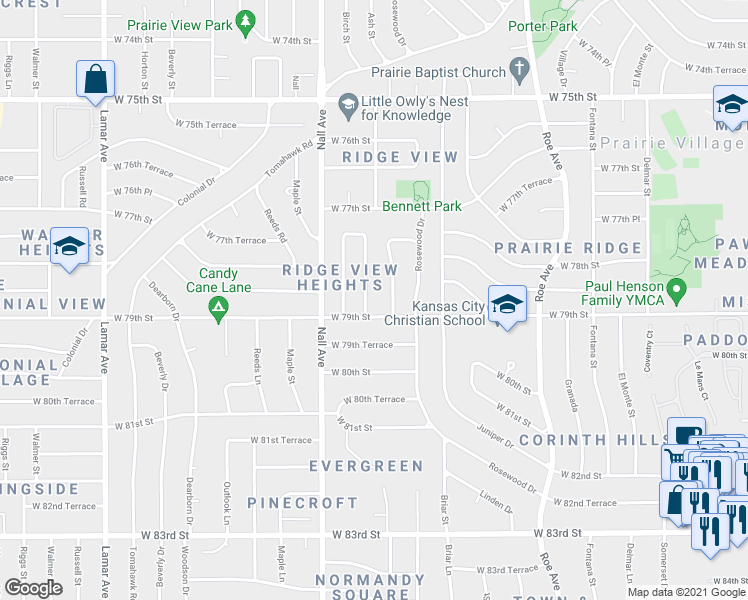 map of restaurants, bars, coffee shops, grocery stores, and more near 7833 Ash Street in Prairie Village