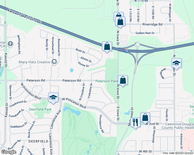 map of restaurants, bars, coffee shops, grocery stores, and more near 506 Lancaster Court in Lawrence
