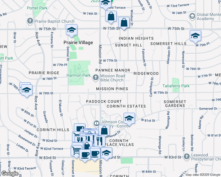map of restaurants, bars, coffee shops, grocery stores, and more near 7881 Howe Circle in Prairie Village