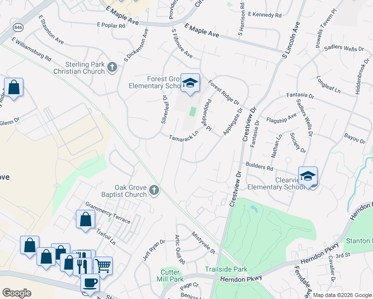 map of restaurants, bars, coffee shops, grocery stores, and more near 104 Briarwood Court in Sterling