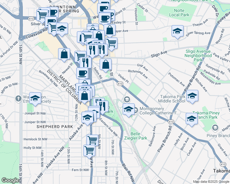map of restaurants, bars, coffee shops, grocery stores, and more near 7722 Fenton Street in Silver Spring