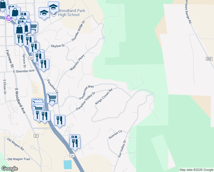 map of restaurants, bars, coffee shops, grocery stores, and more near 1221 Ponderosa Way in Woodland Park