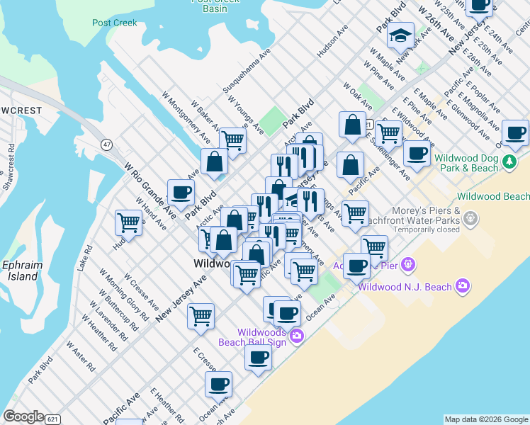 map of restaurants, bars, coffee shops, grocery stores, and more near 4400 New Jersey Avenue in Wildwood