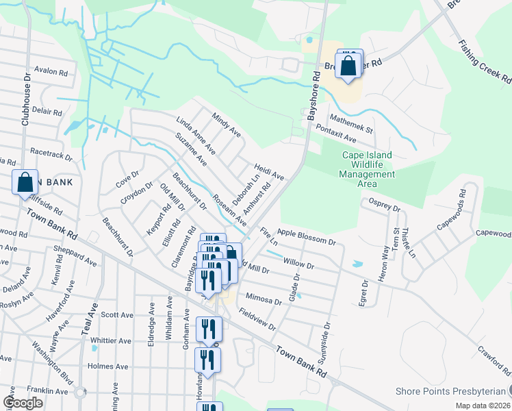 map of restaurants, bars, coffee shops, grocery stores, and more near 209 Amhurst Road in Lower Township