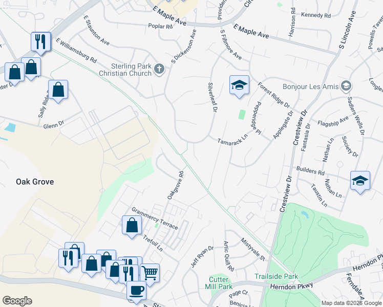 map of restaurants, bars, coffee shops, grocery stores, and more near 105 Silverleaf Court in Sterling