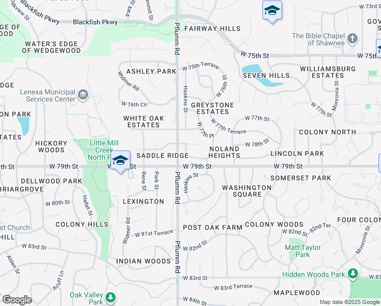 map of restaurants, bars, coffee shops, grocery stores, and more near 13416 West 78th Place in Shawnee