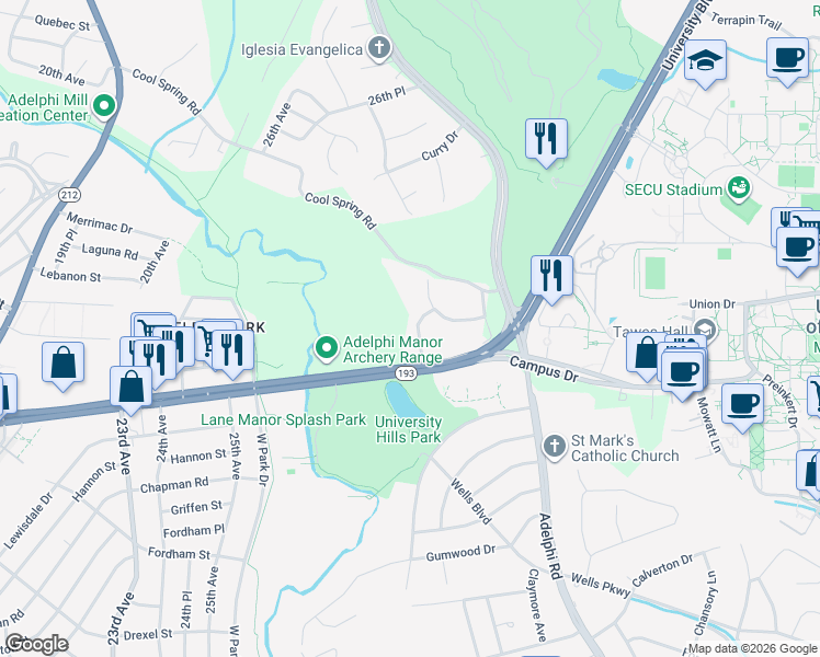 map of restaurants, bars, coffee shops, grocery stores, and more near 7808 Temple Street in Hyattsville