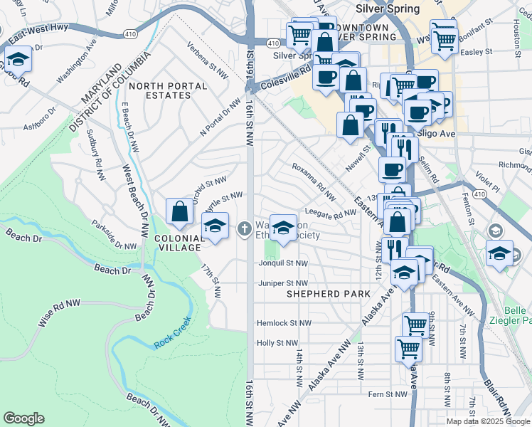 map of restaurants, bars, coffee shops, grocery stores, and more near 1535 Locust Road Northwest in Washington