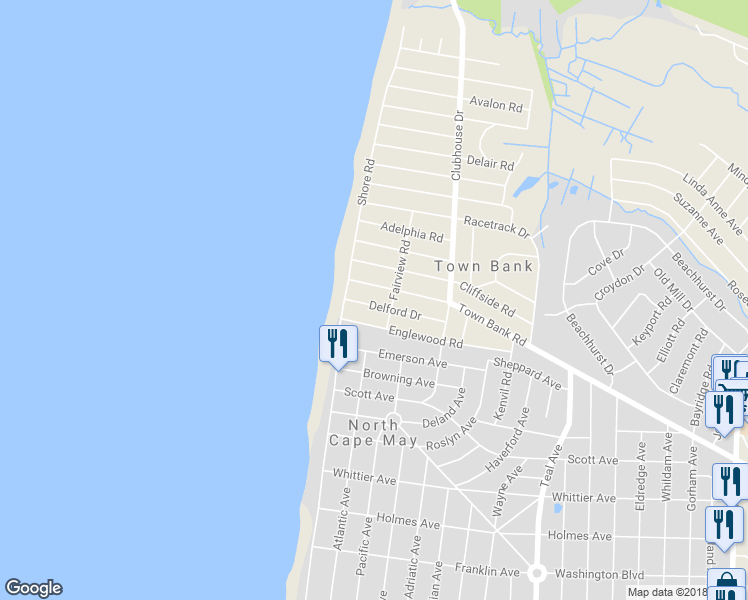 map of restaurants, bars, coffee shops, grocery stores, and more near 9 Delford Drive in North Cape May