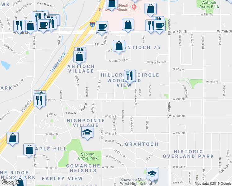 map of restaurants, bars, coffee shops, grocery stores, and more near 7823 England Street in Overland Park