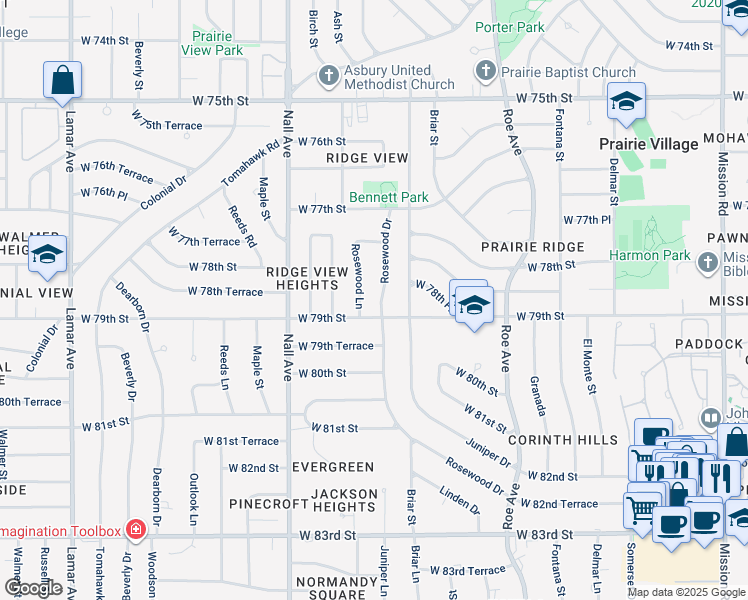map of restaurants, bars, coffee shops, grocery stores, and more near 7832 Rosewood Drive in Prairie Village