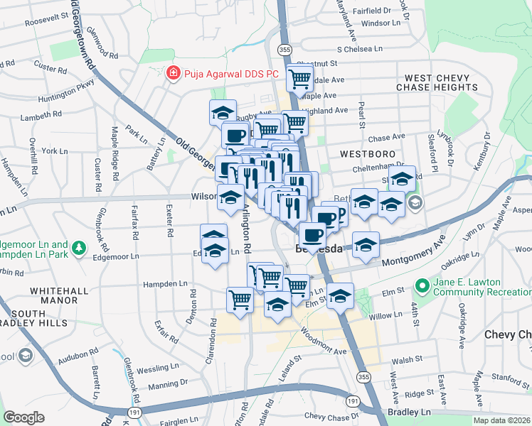 map of restaurants, bars, coffee shops, grocery stores, and more near 7700 Old Georgetown Road in Bethesda