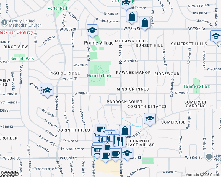 map of restaurants, bars, coffee shops, grocery stores, and more near 4012 West 79th Street in Prairie Village