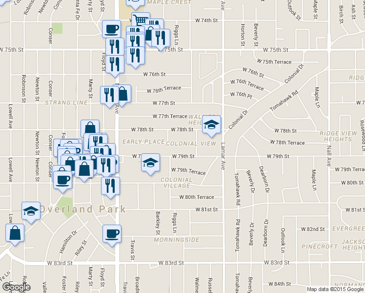 map of restaurants, bars, coffee shops, grocery stores, and more near 6601 West 78th Terrace in Overland Park