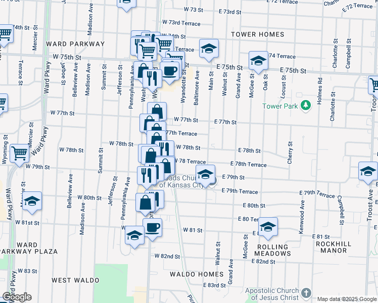 map of restaurants, bars, coffee shops, grocery stores, and more near 107 West 78th Street in Kansas City