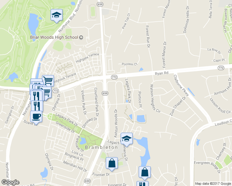 map of restaurants, bars, coffee shops, grocery stores, and more near 22757 Highcrest Circle in Ashburn