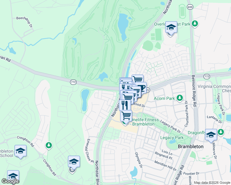 map of restaurants, bars, coffee shops, grocery stores, and more near 22798 Goldsborough Terrace in Ashburn