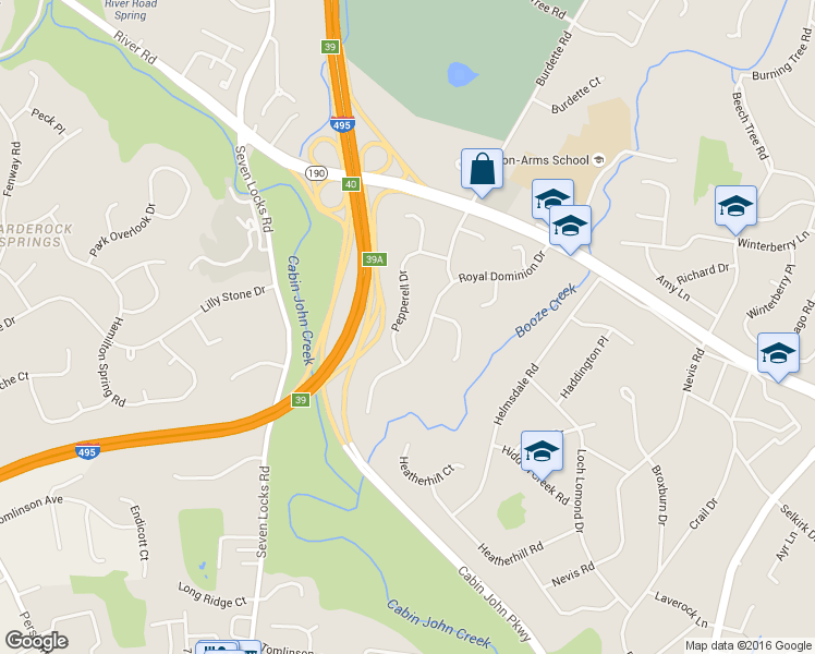 map of restaurants, bars, coffee shops, grocery stores, and more near 7548 Pepperell Drive in Bethesda