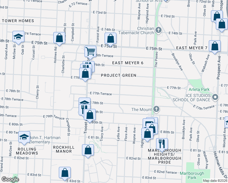 map of restaurants, bars, coffee shops, grocery stores, and more near 1184 East 77th Terrace in Kansas City