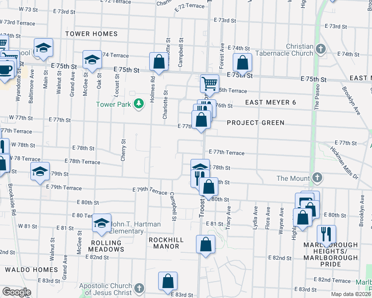 map of restaurants, bars, coffee shops, grocery stores, and more near 900 East 78th Street in Kansas City