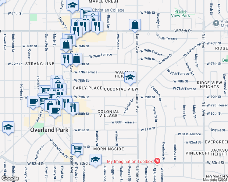 map of restaurants, bars, coffee shops, grocery stores, and more near 6601 West 78th Terrace in Overland Park