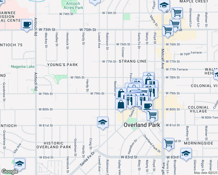 map of restaurants, bars, coffee shops, grocery stores, and more near 7829 Robinson Street in Overland Park