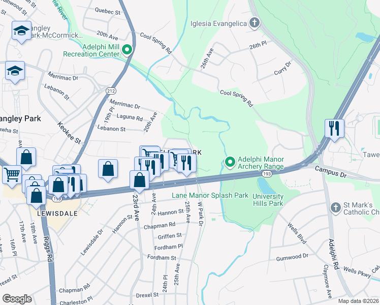 map of restaurants, bars, coffee shops, grocery stores, and more near 7914 West Park Drive in Hyattsville